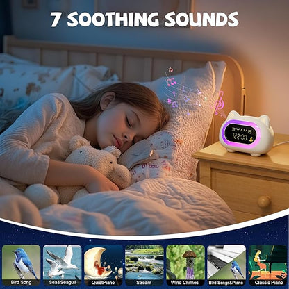 Honesorn Alarm Clock for Kids, Ok to Wake Clock for Kids, Cute Cat Kids Alarm Clock for Girls Boys Toddler, Kids Clock with 10 Night Lights, 7 Soothing Sounds, Auto-Off Timer, Child Lock, Cream White