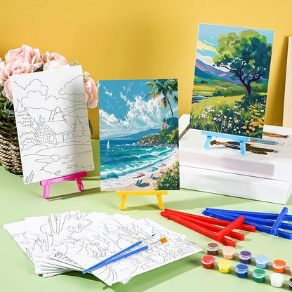 Blosssound 10 Set Pre Printed Canvas Pre Drawn Canvas Painting with Easel Kits 5" x 7" Outline Painting Panels for Beginners, DIY Craft Project, Party Favor, Home Decors(Four Seasons)