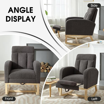 NIOIIKIT Modern Nursery Rocking Chair, Teddy Upholstered Rocking Chair with Footrest, Comfortable Rocker Recliner with Side Pocket, Glider Rocker for Living Room, Bedroom, Nursing Room (Dark Grey)