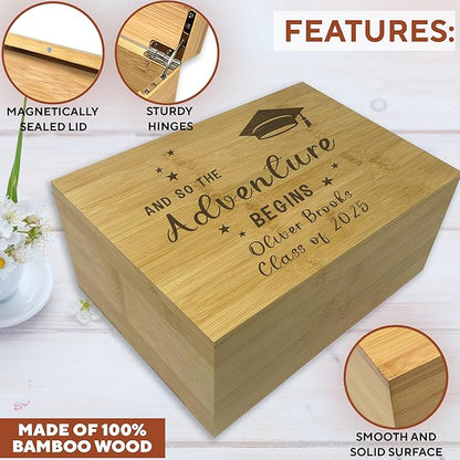 Graduation Keepsake Box 2025 - Personalized Graduation Gifts for Him Her, Custom Engraved High School Keepsake Organizer Boys Girls, School Years Memory Box, Card Cap and Gown Storage Congrats Grad