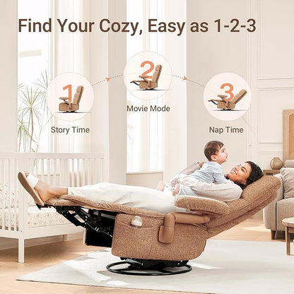 Nursery Swivel Glider Recliner Chair with Adjustable Armrests & Headrest, Rocking Chair Nursery with Removable Cover for Breastfeeding, FSC & Oeko-TEX Certified, Brown