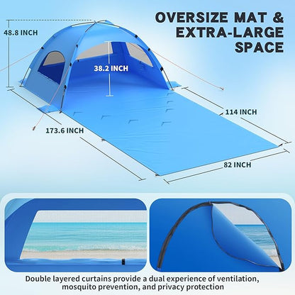 Beach Tent Sun Shelter with Extended Sand Mat 114×82inch，UPF 50+ Protection, 3 Double-Layer Windows for Enhanced Privacy; Portable Beach Shade, 3-4 People. Windproof and Waterproof