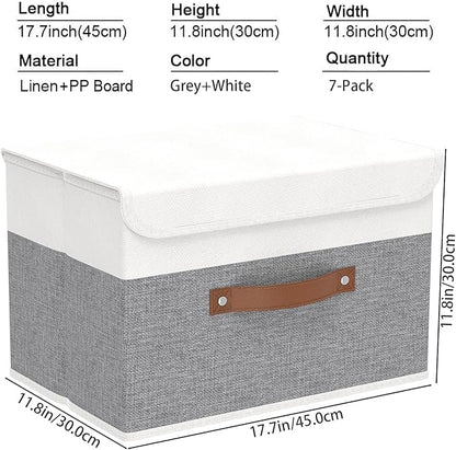 Yawinhe Storage Bins with Lids, Fabric Foldable Boxes, Washable and Leather Handle, Cube Organizer Basket for Home, Closet, White/Grey, 17.7''Lx11.8''Wx11.8''H, 7-Pack, USNK024WGX-7