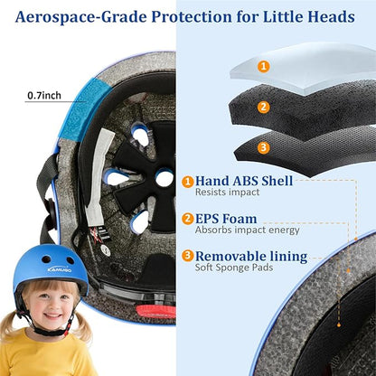 KAMUGO Kids Adjustable Helmet, with Sports Protective Gear Set Knee Elbow Wrist Pads for Toddler Age 2-8 Boys Girls, Bike Skateboard Hoverboard Scooter Rollerblading Helmet Set