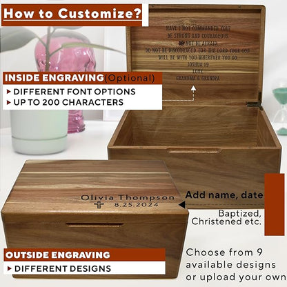 First Communion Box Acacia Wood - Personalized Baptism Gift for Boys, Christening Storage for Baby, Personalized Baptism Gifts for Girls, Engraved Confirmation Keepsake Box w/ Name 11.5 x 8.5 x 5.5 in