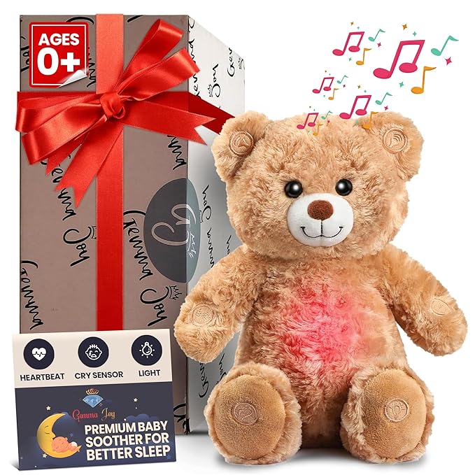 Gemma Joy Bedtime Baby Soothers for Sleep, Cry Activated Heartbeat Stuffed Animal for Baby, Newborn, Calming Light, Lullaby Music, White Noise, Shush and Mother’s Heartbeat - (Bear, Rechargeable)