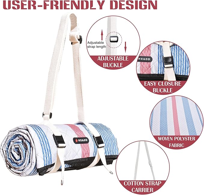 Waterproof Picnic Mat, Outdoor Camping Oversized Field Blanket. Portable Thickened Camping Blanket, Suitable for Beach, Camping, Music Festival, Party, Outdoor Adventure. (Red&Blue&White, 80”x80”)