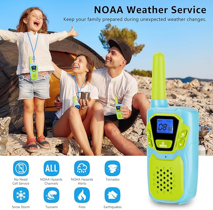 Walkie Talkies for Kids Adults Long Range Rechargeable 4 Pack Drop-resistant FRS 2 Way Radio 4 Miles with Lanyard Battery NOAA USB, Family Toy for 3-12 Year Old Boy Girl Toddler Camping Skiing