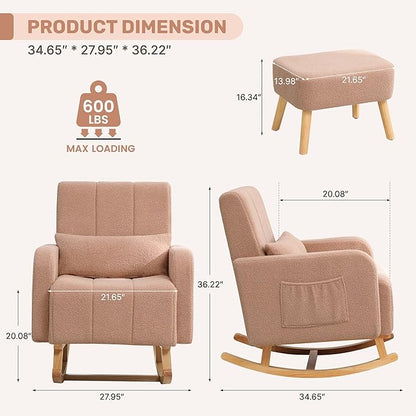 Rocking Chair with Ottoman, Upholstered Glider Rocker with High Backrest and Side Pocket, Comfy Reading Chair with Solid Wood Legs for Nursery, Living Room,Bedroom Coffee