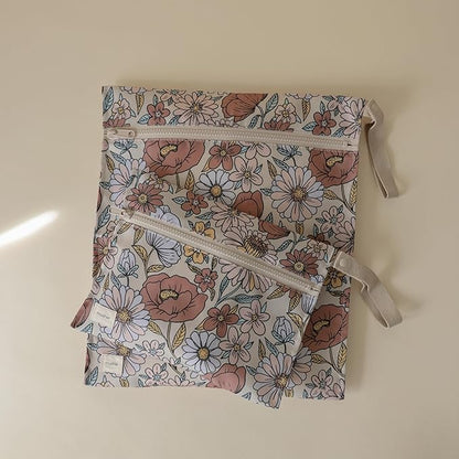 mushie Water Resistant Wet Bags | Large & Small Reusable Storage Bag for Baby Items and Travel | Zippered Pockets with Handle | Machine Washable, Set of 2 (Retro Flowers)