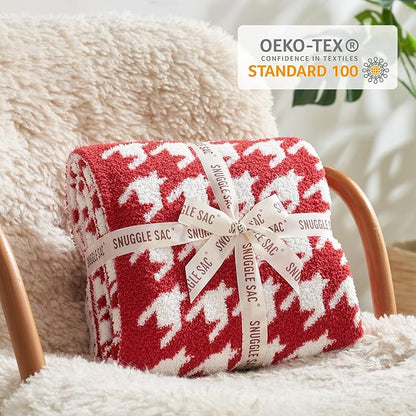 Snuggle Sac Christmas Red Houndstooth Throw Blanket for Couch, Reversible Super Soft Warm Blankets Cozy Knit Fuzzy Plush Lightweight Throws for Sofa Bed Houndstooth Red, 50x60 inches