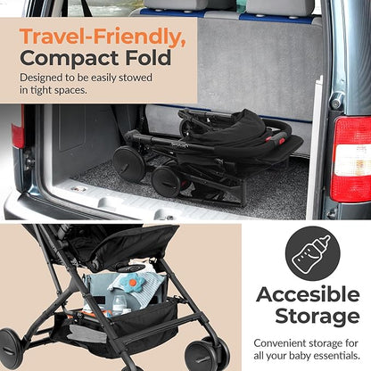 Jovial Lightweight Baby Stroller, Folding Travel Stroller with Reclining Seat, Canopy, 5-Point Safety Harness, Storage Basket, Smooth Wheels, Compact Portable Design (39.8" x 18.7" x 32.3")
