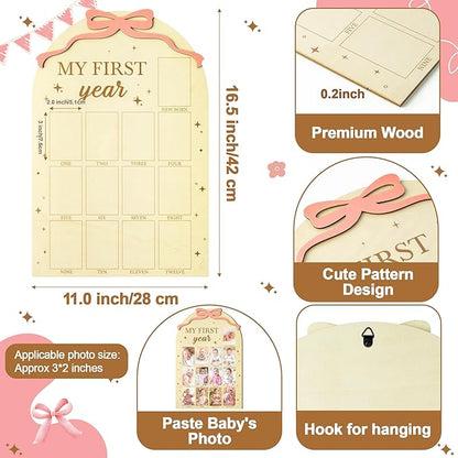 R HORSE My First Year Photo Frame Board, 3D Coquette Pink Bow Display Wood Board, Baby’s First Year 12 Months Milestone Sign 1st Birthday Frame Nursery Decor Keepsake Gift for Boy Girl