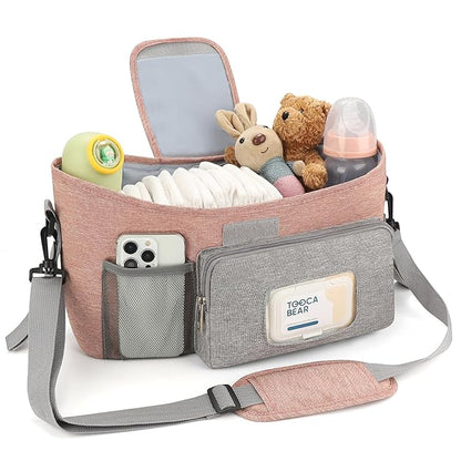 Accmor Universal Stroller Organizer with Insulated Cup Holder, Stroller Caddy Bag Accessories, Stroller Cup Holder Organizer for Uppababy Baby Jogger Britax Stroller, Pink
