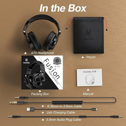 OneOdio A70 Bluetooth Over Ear Headphones, Wireless Headphones with 72H Playtime, Hi-Res, Built-in Mic, 3.5mm/6.35mm Wired Audio Jack for Studio Monitor & Mixing DJ Guitar AMP, Computer Laptop PC
