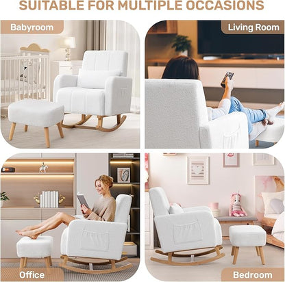 Rocking Chair with Ottoman, Upholstered Nursing Glider Rocker with High Backrest and Side Pocket, Comfy Reading Chair with Solid Wood Legs for Nursery/Living Room/Bedroom White