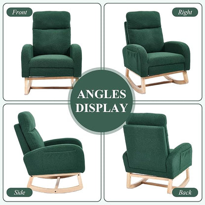 NIOIIKIT Oversized Nursery Rocking Chair, Teddy Upholstered Glider Chair with Footrest, Large Glider Rocker with Side Pocket, Rocking Accent Chair, Glider Recliner for Living Room (Green Teddy)