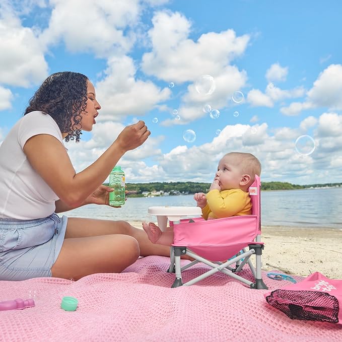 Bright Starts Pop 'N Sit Portable Booster, Indoor/Outdoor Use, Floor Seat with Feeding Tray, Pink, 6 Mos - 3 Yrs