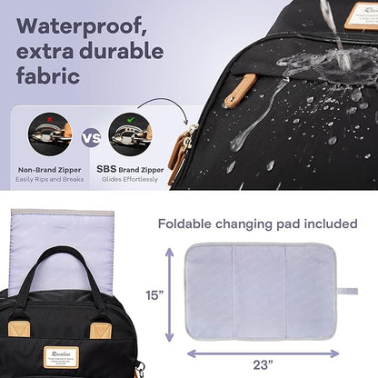 RUVALINO Diaper Bag Backpack-Expandable Baby Bag with up to 50% Capacity -Baby Essentials Bag with Changing Pad Insulated Bottle Holders & Pacifier Case, Waterproof, Black XL