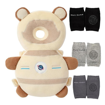 Feidoog Baby Head Protector Cushion Backpack with 3 Knee Pads for Walking & Crawling,Khaki Astronauts