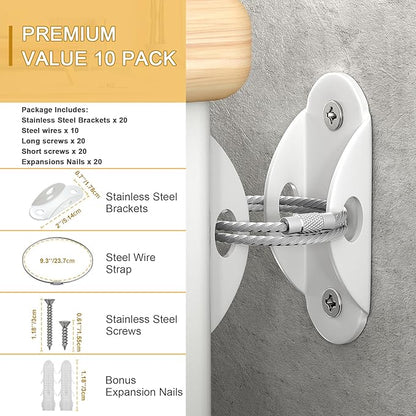 Furniture Anchors (10 Pack) for Baby Proofing, Furniture Straps Anti Tip Furniture Anchor Securing 400 lbs/Keep Baby Pet Safety from Falling Furniture, Metal White Earthquake Straps