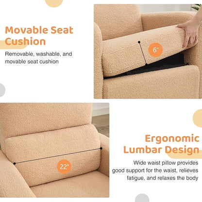 Swivel Rocker Recliner, Oversized Power Nursery Recliner Chair, Swivel Glider Reclienr with Removable Cushion, Upholstered Boucle Recling Chair for Nursery Living Room Bedroom, Teddy Camel