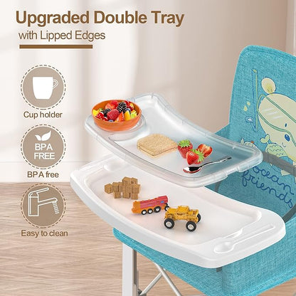 Baby Travel Booster Seat with Double Tray, BabyBond Upgraded Toddler Portable Baby Chair, Booster Seat for Dining Table, Stable and Foldable Booster Baby Chair for Indoor/Outdoor (Blue Sea World)