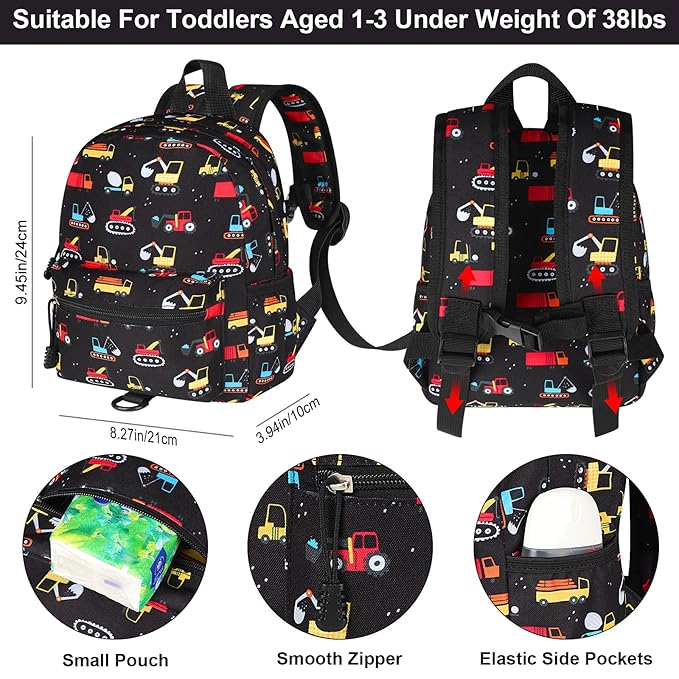 Accmor Toddler Backpack Harness with Leash, Cute Baby Backpacks with Anti Lost Wrist Link, Mini Kids Backpack Tether Walking Harness for Travel Outdoor, Black Excavator Backpack Tether for Boys Girls