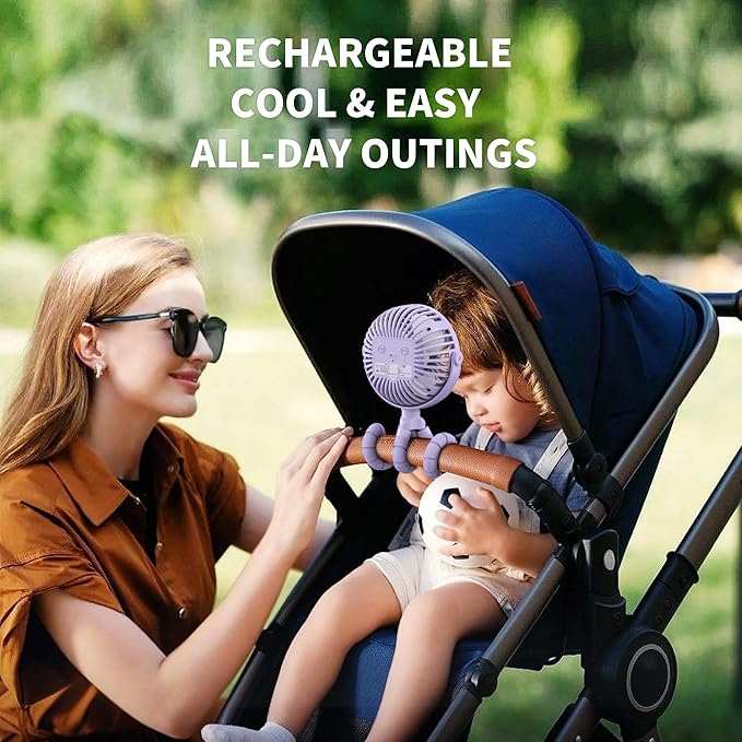 AMACOOL Battery Operated Stroller Fan Flexible Tripod Clip On Fan with 3 Speeds and Rotatable Handheld Personal Fans for Car Seat Crib Bike Treadmill (Purple)