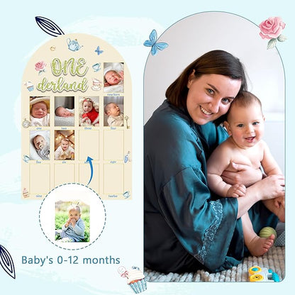 R HORSE My First Year Photo Frame Board, 3D Onederland Tea Party Birthday Decorations Display Wood Board, Baby First Year Picture Frame 12 Months Milestone 1st Birthday Nursery Decor Gift for Girl