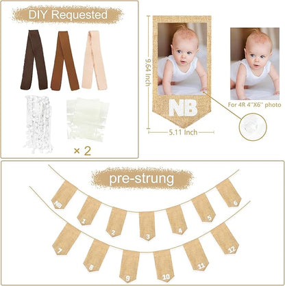 pinkblume 1st Birthday Burlap Photo Banner Garland Handmade Felt from Newborn to 12 Months with Gradient Brown Ribbon for Baby Boy Girl Monthly Milestones First Birthday Party Decoration Supplies