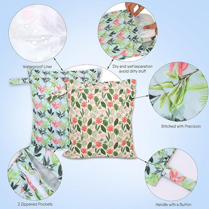2pcs Travel Waterproof Laundry Bag, Cloth Diaper Wet Dry Bags with Handle & 2 Zipper Pockets, Reusable Washable Dirty Clothes Bag for Baby Adult Travelling Hanging, Bathing Beach Pool Daycare