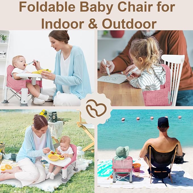 Baby Travel Booster Seat with Double Tray, BabyBond Upgraded Toddler Portable Baby Chair, Booster Seat for Dining Table, Stable and Foldable Booster Baby Chair for Indoor/Outdoor (Pink)