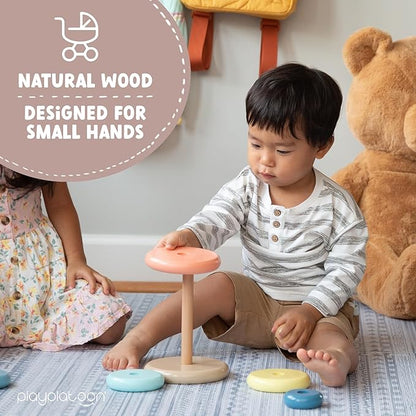 Play Platoon Wooden Rainbow Stacking Toy Ring Stacker, Educational Interactive Learning Toys, Create Stacks of Circles for Kids, Babies, Toddlers and Children