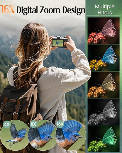 4K Digital Camera for Photography with WiFi,64MP Autofocus Vlogging Camera for YouTube,3'' 180° Flip Screen Compact Travel Camera for Teens with 32GB SD Card,16X Zoom,Anti-Shake,2 Batteries(Charcoal)