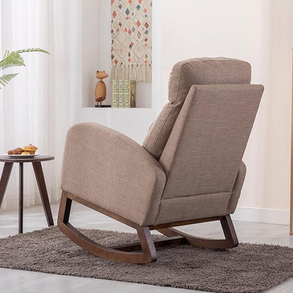 Dolonm Nursery Rocking Chair for Living Room, Upholstered Mid-Century Modern Nursery Rocking Armchair Tall Back Accent Glider Rocker, Camel
