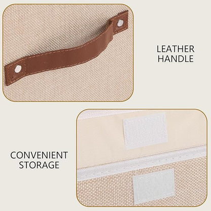 Yawinhe Collapsible Storage Boxes, Linen Fabric Baskets, Bin with lid and Leather Handle, Washable, for Home, Closet, Beige, 15.0''Lx9.8''Wx9.8''H, 1-Pack, USNK024BEL-1