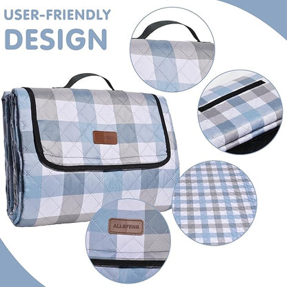 Extra Large Picnic Blanket 80''x 60'' Waterproof Foldable Picnic Mat for Beach, 5-Layer Outdoor Blanket for 6 to 8 Adults,Camping Grass Lawn Park Accessories Couple Park Wedding Registry(Blue Gray)