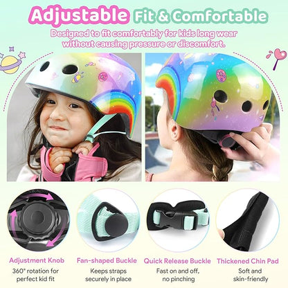 Vvinca Kids Toddlers Bike Helmet Adjustable for Ages 3-5-8 Years, Knee Pads and Elbow Pads Set Wrist Guard Sports Protective Gear Set for Roller Skate Bicycle Skateboard Scooter Girl Boy Birthday Gift