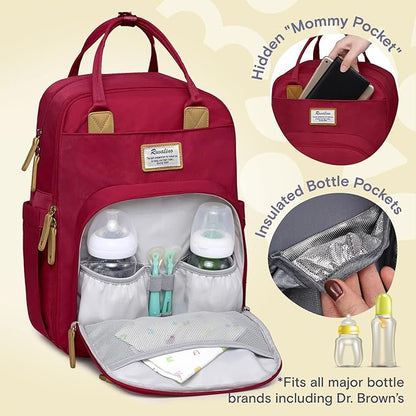 RUVALINO Diaper Bag Backpack, Multifunction Travel Pack Maternity Baby Changing Bags, Large Capacity, Waterproof, Purplish Red