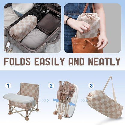 Tiny Marvels Portable 3-in-1 Baby Booster Seat, Cozy Floor Seat, Feeding Seat with Tray, Compact Foldable Toddler Booster with Child Safety Belt Carry Bag, Perfect for Travel (Sand Checker)
