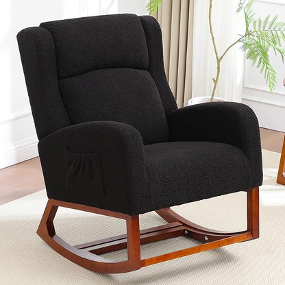 Rocking Chair Nursery, Nursing Rocking Chairs for Mom Nursery, Comfy Wingback Glider Rocking Armchair with Foot Rest and Side Pocket for Nursery Living Room Bedroom, Walnut Black
