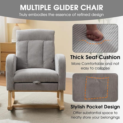 NIOIIKIT Nursery Rocking Chair, Corduroy Upholstered Rocking Chair with Adjustable Footrest, Tufted Rocker Chair with Side Pocket, Glider Rocker for Living Room, Bedroom (Gray Casual)