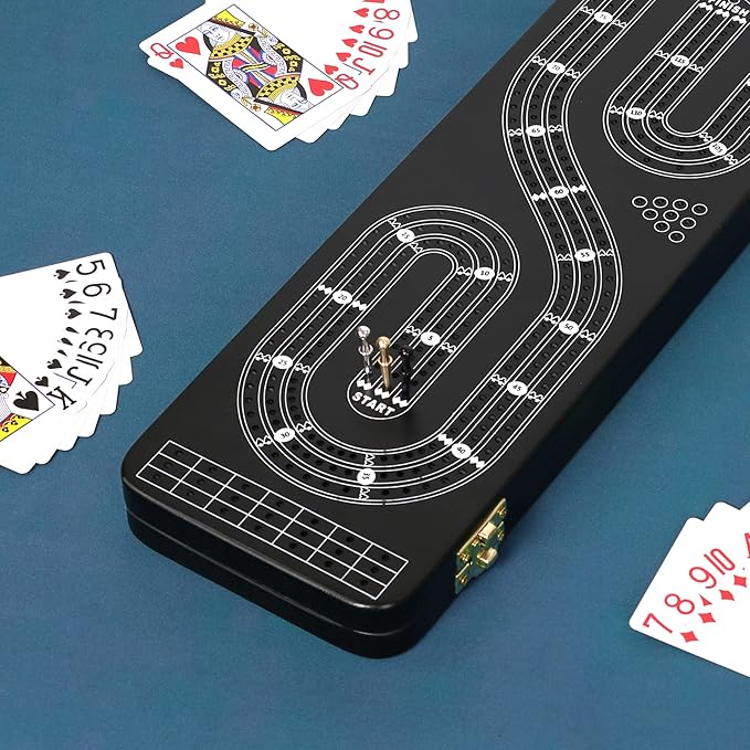 Cribbage Board Game Set 3 Tracks, 2 Storage Area, with 9 Metal Pegs,2 Decks of Playing Cards and Instruction, Wooden Travel Portable Cribbage Game Sets