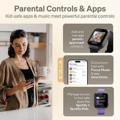 JrTrack 5 Kids Smart Watch by Cosmo | Best Kid-Safe Phone Watch | Precision Real-Time GPS Tracking | Call, Text, Activity, School Settings | Spotify Music | Parental Controls | SOS & Safety Alerts
