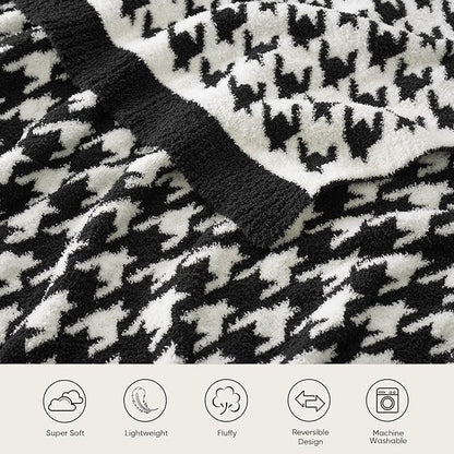 Snuggle Sac Houndstooth Throw Blanket for Couch, Reversible Super Soft Warm Blankets Cozy Knit Fuzzy Plush Lightweight Throws for Sofa, Bed, Camping, Black,50x60 inches
