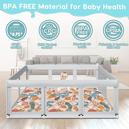 74" ×50" Large Baby Playpen, Baby Playard for Babies and Toddlers, Play Pens for Indoor & Outdoor, Sturdy Safety Play Yard with Soft Breathable Mesh, Anti-Fall, Grey (with MAT)