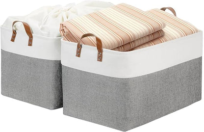 DULLEMELO Extra Large Storage Baskets for Organizing 22"x15"x13" Foldable Fabric Storage Baskets Organizer Bins with Handles Large Storage Basket for Shelves Closet Toys Books (White&Grey)