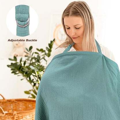 Muslin Nursing Cover for Breastfeeding, Privacy Breathable Breastfeeding Cover with Arch Neckline for Mom, 100% Cotton Nursing Apron, Floral and Green