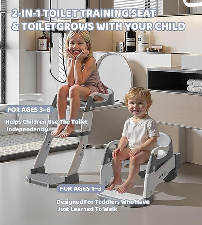 2-in-1 Toddler Potty Training Toilet Seat with Step Stool Ladder – Adjustable Height Potty Chair Urinal for Baby Boys Girls Age 1-3, Foldable Training Potty with Splash Guard & Anti-Slip Feet, Green